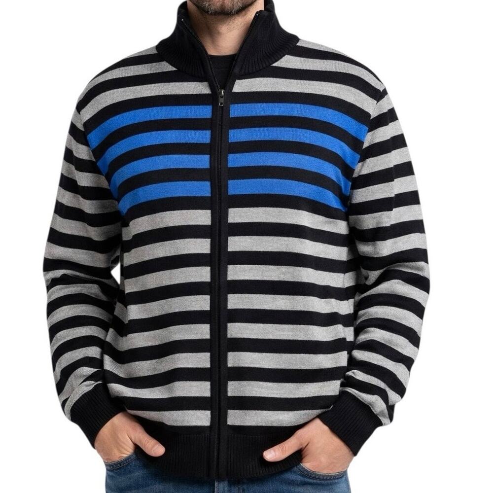 True‎ Rock Sweater Jacket Large NWT Striped Zip Up Blue Gray Black Knit Cardigan